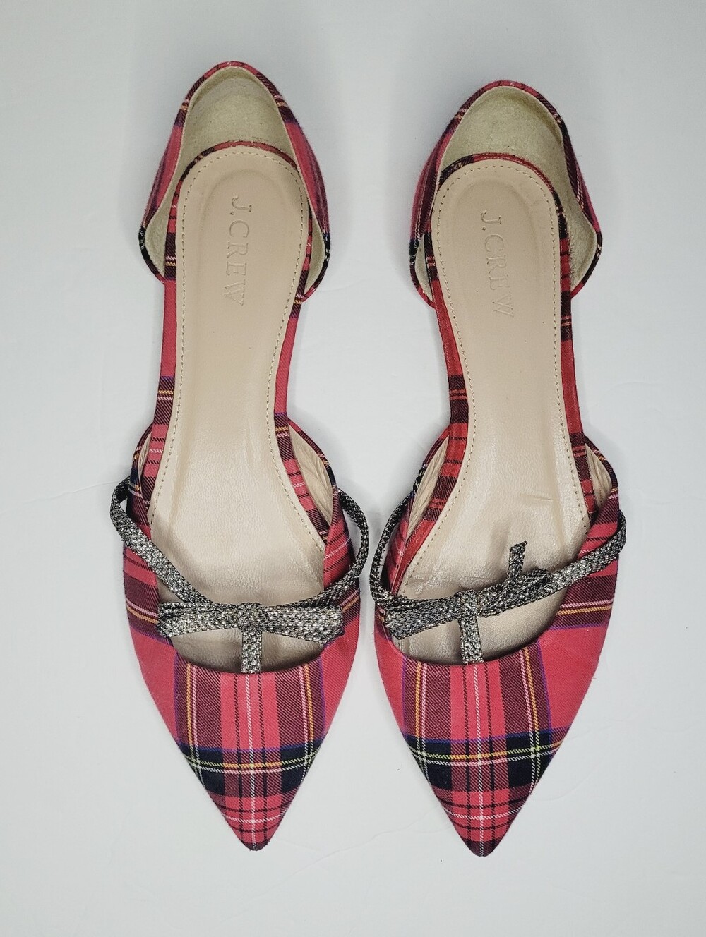 J.Crew Sloan Tartan D'orsay Mini Silver Bow Flats Women's Size 7 Party Elegant